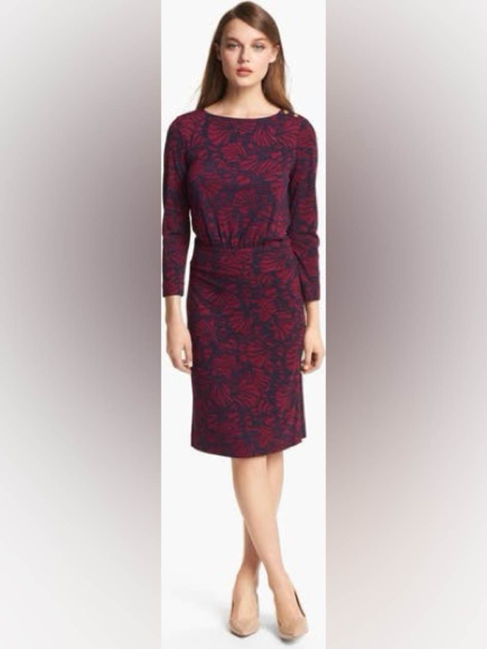 Tory Burch Etta Burgundy and Navy Floral Long-Sleeve Sheath Dress - Picture 1 of 5